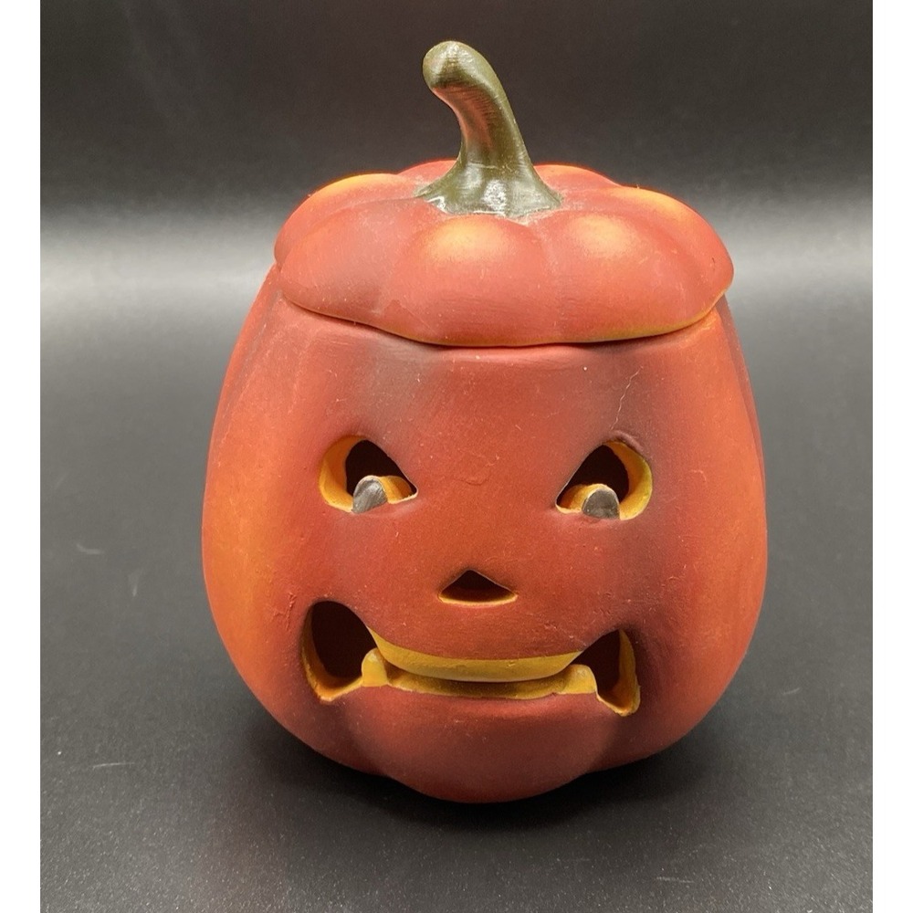 Vtg Halloween Ceramic Pumpkin Jack-O'-Lantern Scary Face Tealight Holder